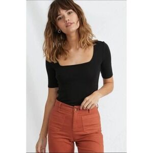 Marine Layer Lexi Ribbed Square Neck Tee Black Size Large READ